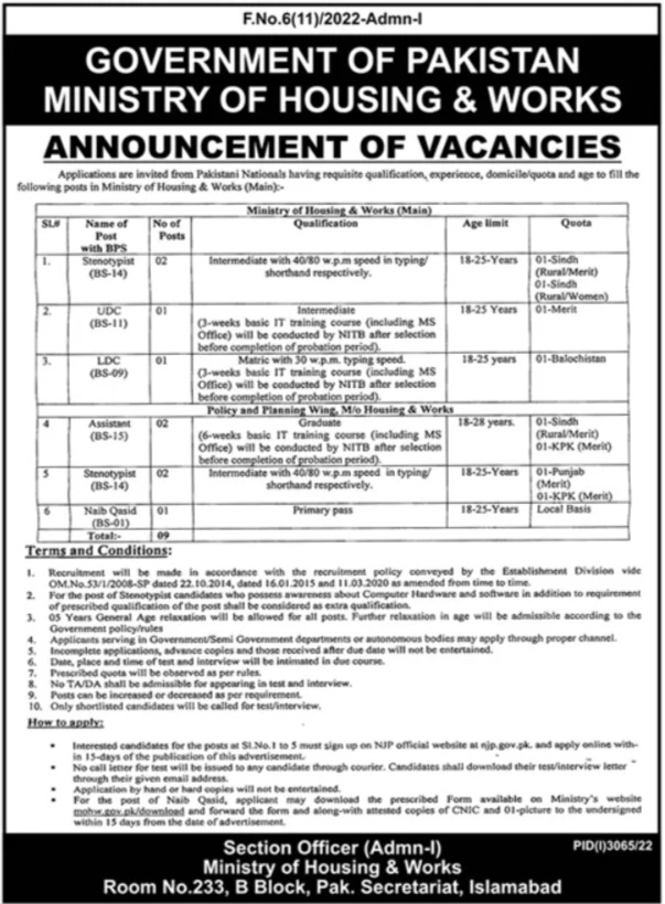 Ministry of Housing and Works Islamabad Jobs 2022 Apply Online