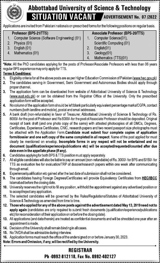 Abbottabad University Of Science Jobs 2023 Online advertisement