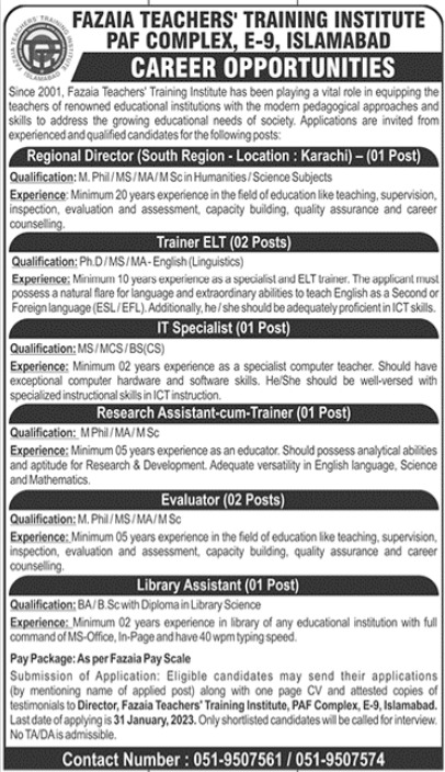 Fazaia Teachers Training Institute Jobs In Islamabad 2023