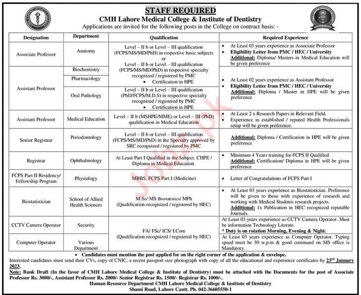 Opportunities at CMH Lahore Medical College Jobs 2023 Advertisement