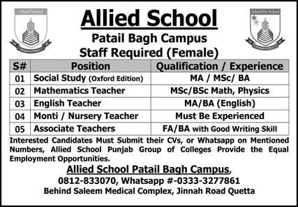 Allied School Patail Bagh Campus Jobs In Quetta 2023 Advertisement