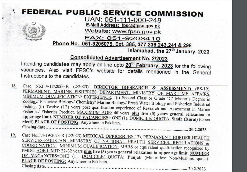 Federal Public Service Commission FPSC Jobs 2023 Advertisement No 22023