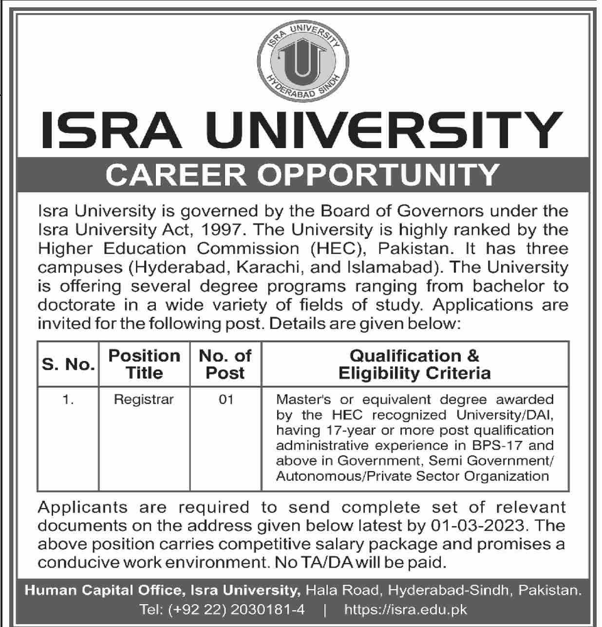 Isra University Hyderabad Non Teaching Jobs 2023