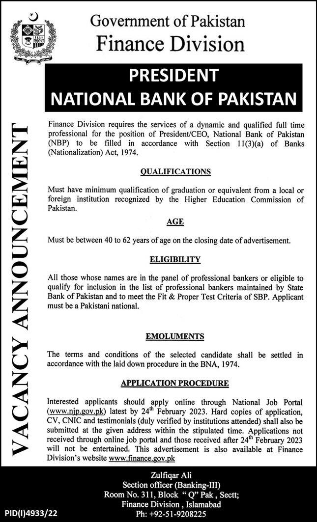 National Bank of Pakistan Jobs 2023 For CEO Latest Advertisement