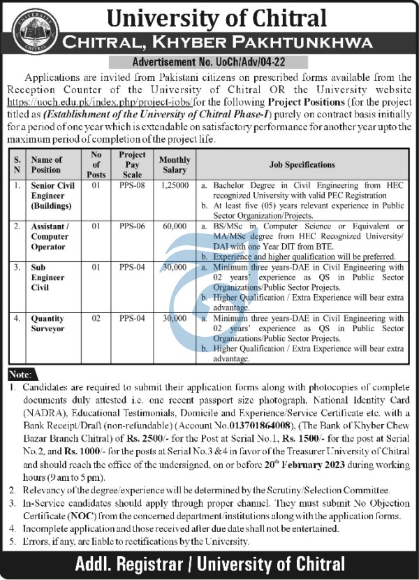 University of Chitral Jobs In KPK 2023 Online Advertisement