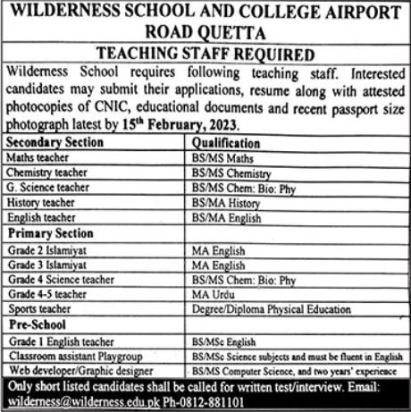 Wilderness School & College Urgent Teaching Jobs In Quetta 2023