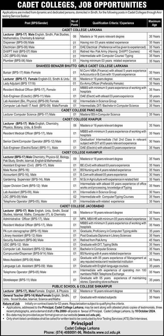 Cadet College Larkana Jobs 2024 Nurse, Dispenser, Clerk, Lecturer