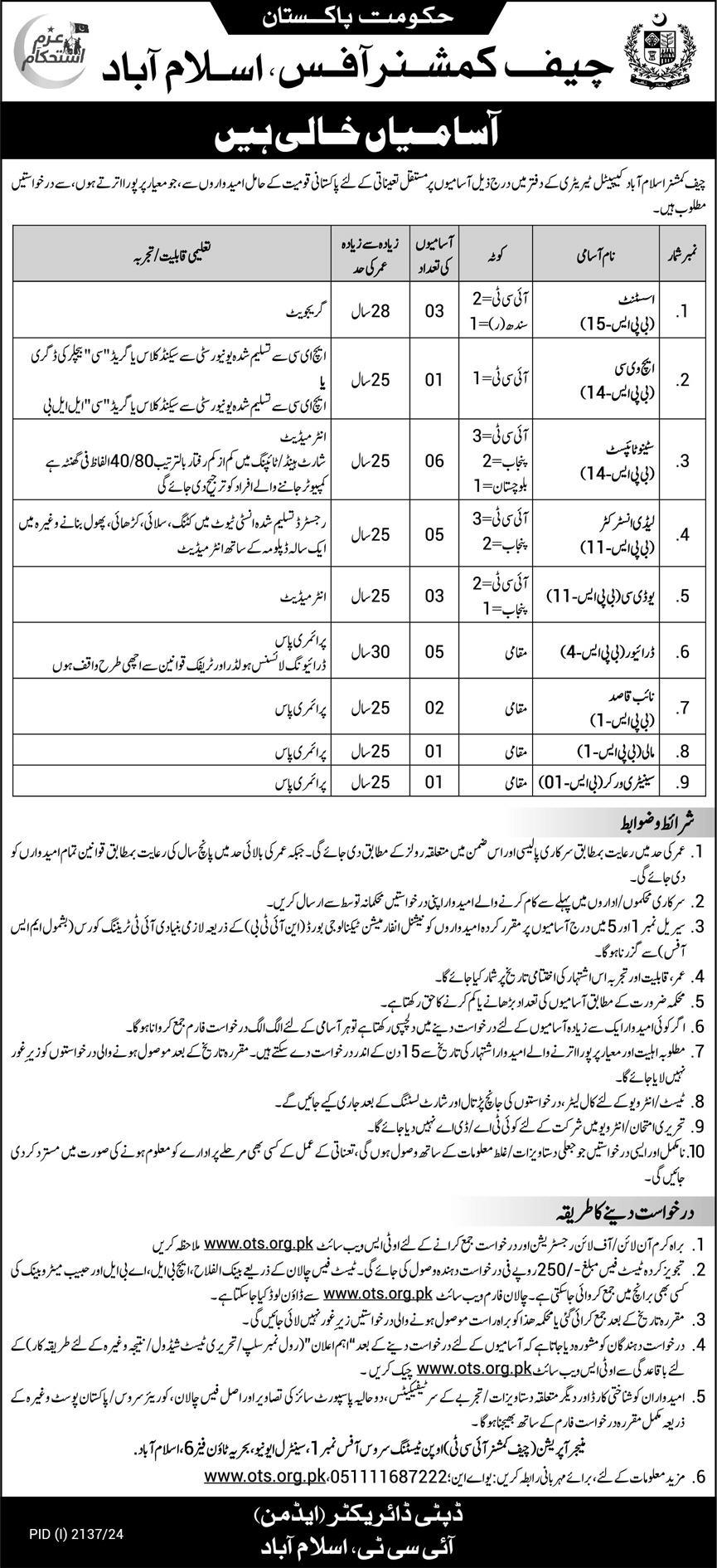 Chief Commissioner Office Islamabad Lady Instructor Jobs 2024