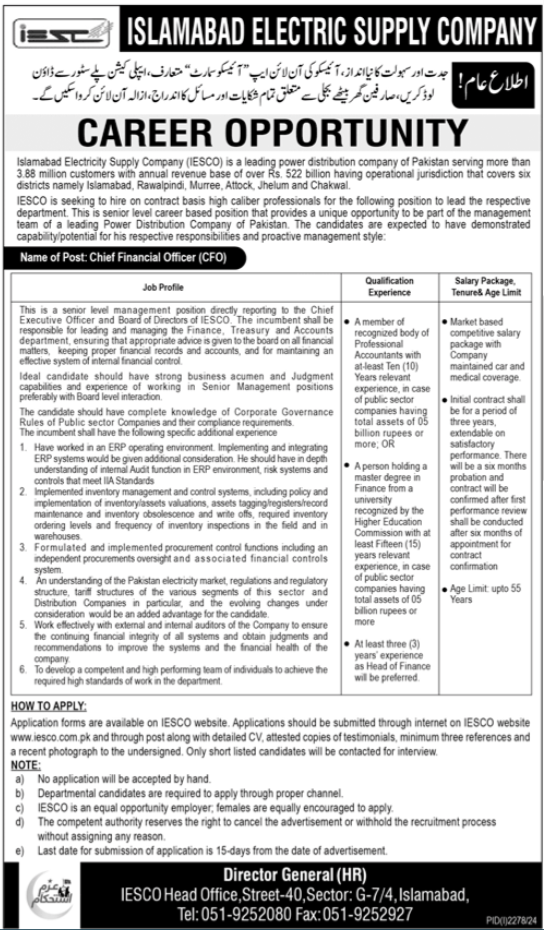 Islamabad Electric Supply Company (IESCO) Chief Financial Officer Jobs 2024