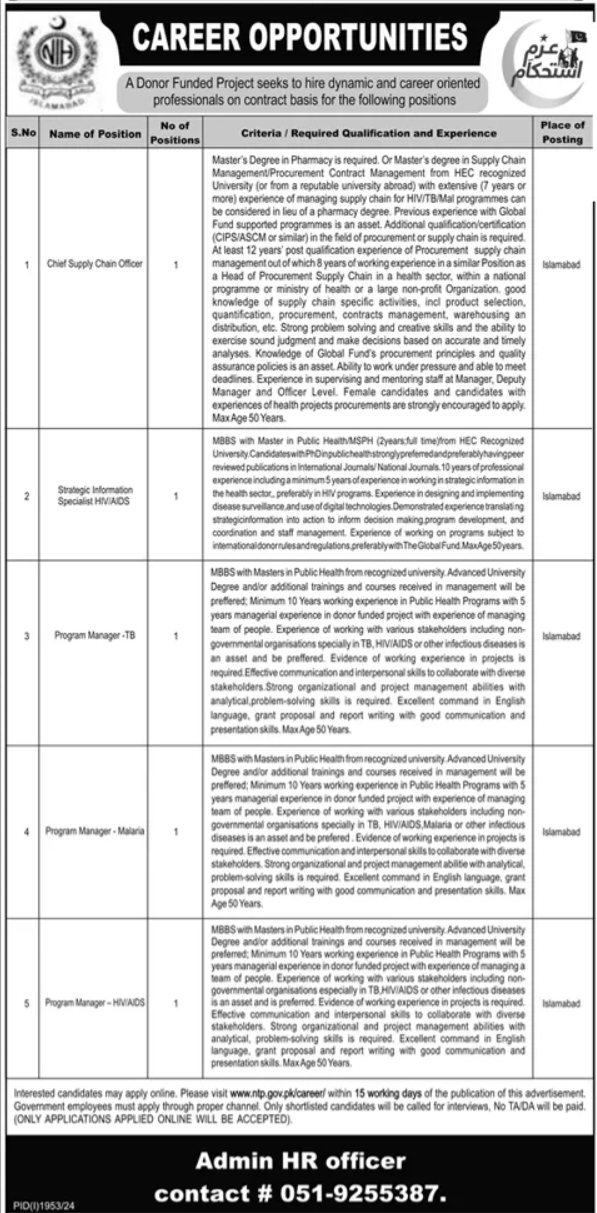 National TB Control Program NTP Medical Jobs 2024 Islamabad