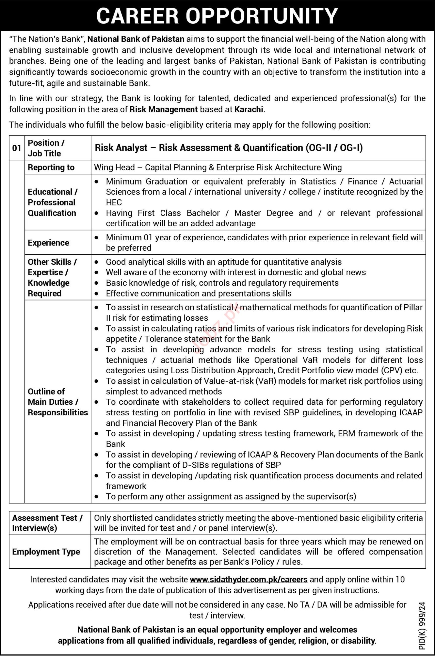 Risk Analyst Jobs 2024 In National Bank Of Pakistan NBP Karachi