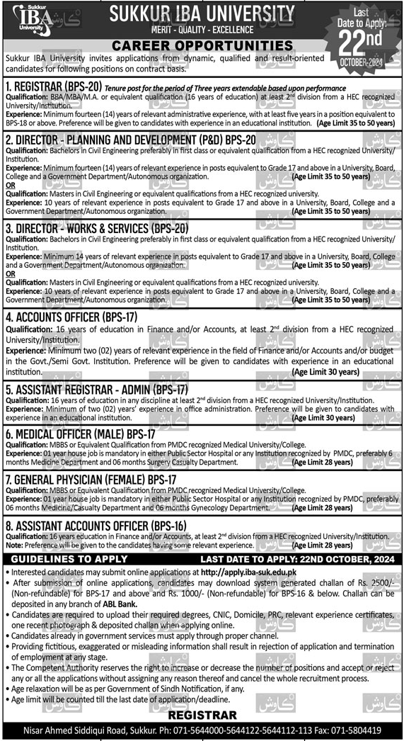 Sukkur IBA University Jobs 2024 Apply Online - Director, Medical Officer