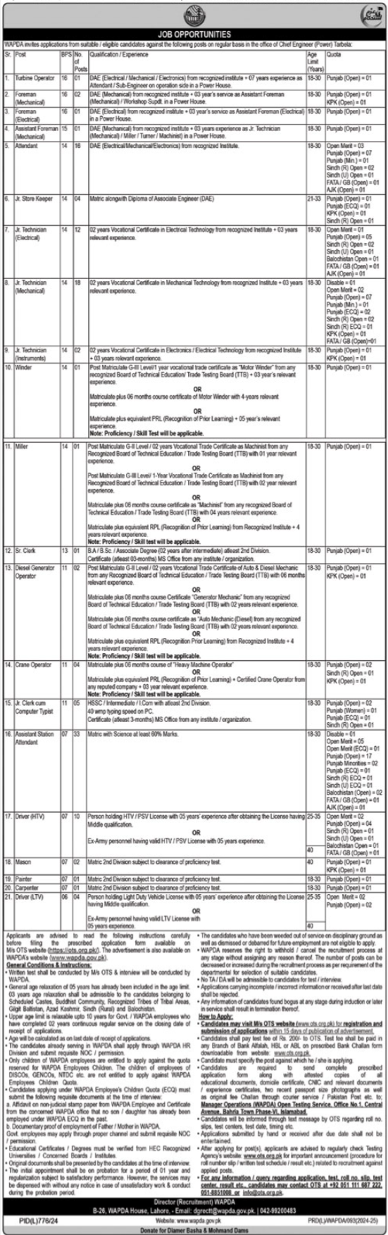 Water and Power Development Authority WAPDA Jobs September 2024