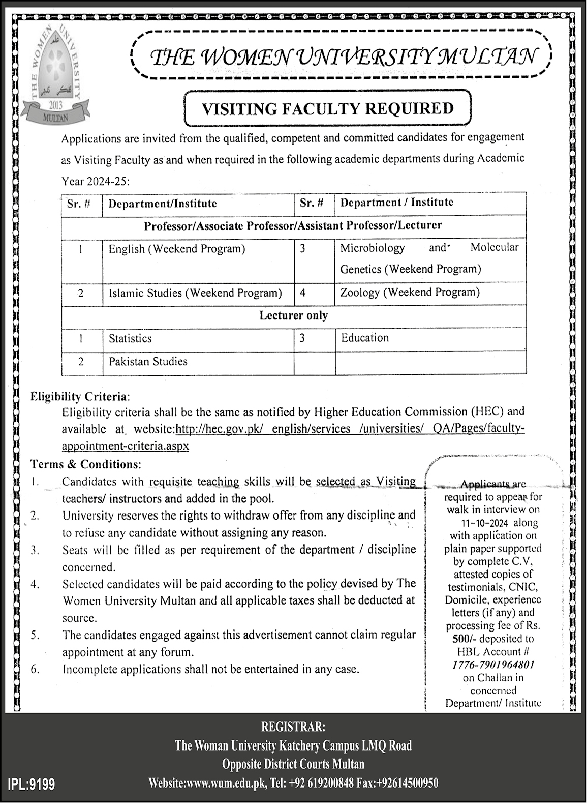 Women University Multan Jobs 20224