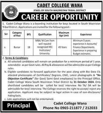 Cadet College Wana Job 2024 Advertisement 