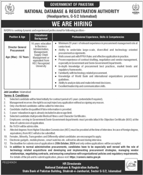 Director General Procurement Jobs 2024 Advertisement 