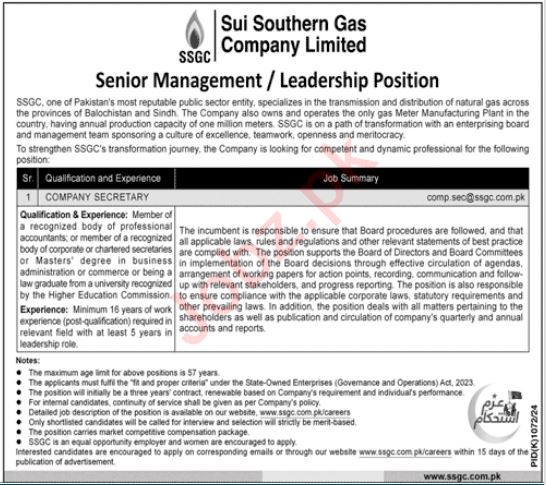 Sui Southern Gas Company Limited Job 2024 Advertisement