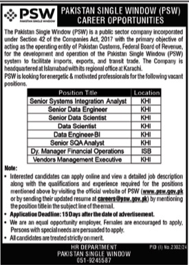 Pakistan Single Window Jobs 2024 In Karachi - Data Engineer, Data Scientist, Deputy Manager