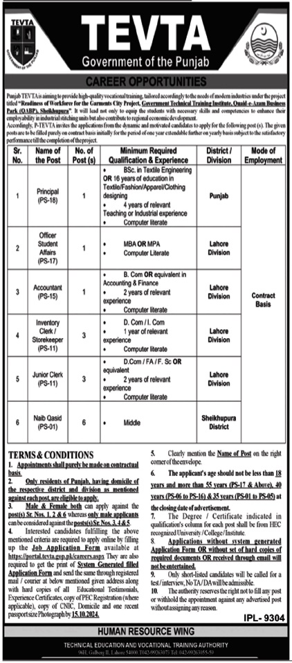 Principal, Clerk and Accountant Jobs In TEVTA Lahore & SheikhuPura 2024