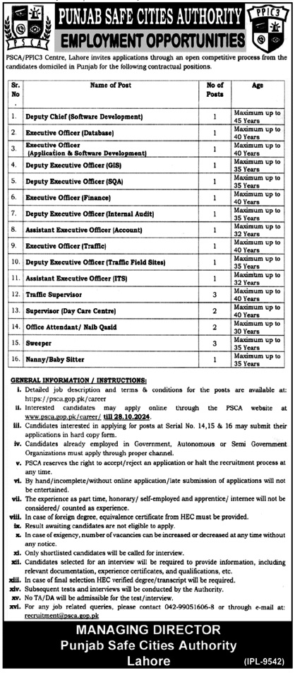 Punjab Safe Cities Authority PSCA Jobs 2024 Apply Online