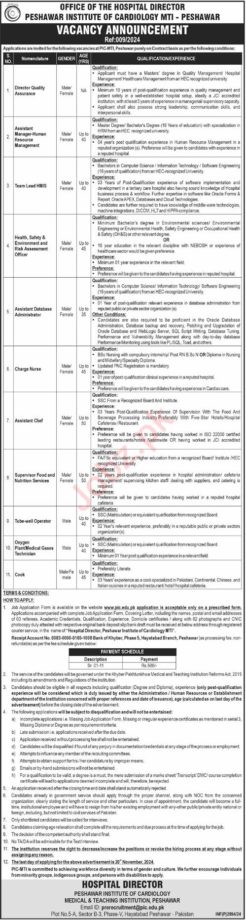 Peshawar Institute of Cardiology Job Advertisement 2024